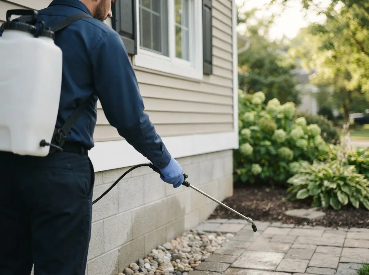 Pest control technician inspecting a home in Snyder, NE
